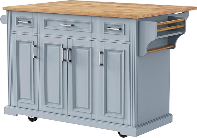 K&K 54inch Large Kitchen Island with Rubber Wood Drop Leaf, Embossed Texture Rolling Kitchen Cart on 4 Wheels with 4 Doors and 3 Drawers, Kitchen Island with Storage for Kitchen, Dining Room,Grey Blue