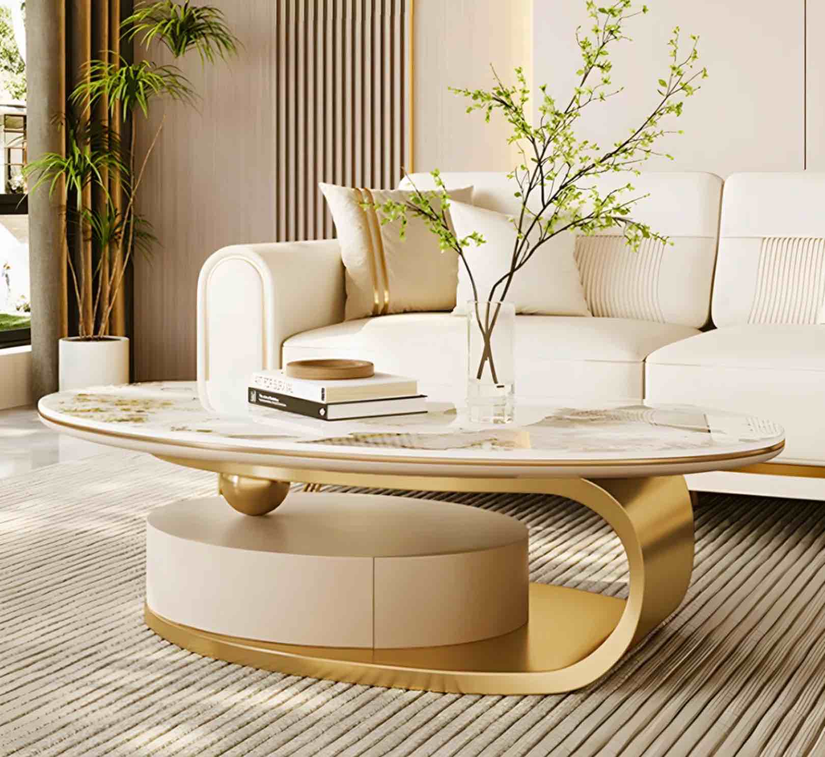 Pre-Assembly 51" Modern Oval Coffee Table, Sintered Stone Top, Gold Base, drawer