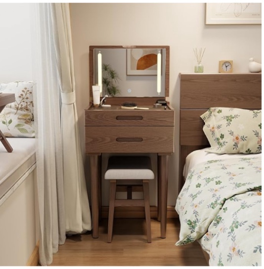 Solid Wood Small Vanity Desk with Mirror and Lights, Narrow Makeup Vanity for Small Space, Flip Top Vanity Side Table