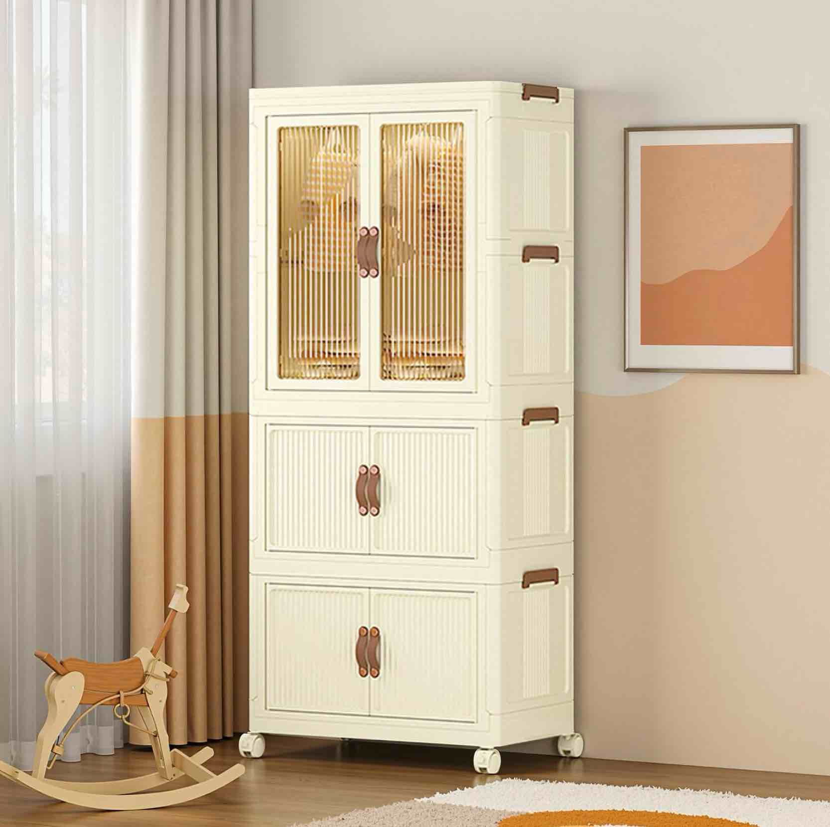 Portable Kids Wardrobe Closet with Doors, 22.0"x13.4"*49.8" Collapsible Plastic Baby Wardrobe Storage Cabinet with Wheels Hanging Rod and 10 Hangers Kids Closet for Baby Clothes Organizer.color  white 