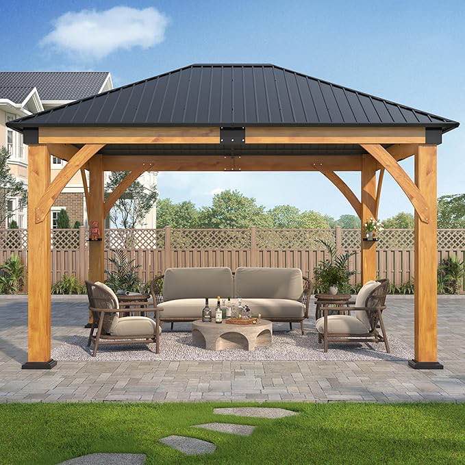 GARTOO 11’x 13’ Outdoor Spruce Wood Gazebo - Patio Hardtop Gazebo Permanent Wooden Pavilion with 2 Shelves, Galvanized Steel Roof Wooden Gazebos for Garden, Porch, Lawn, Poolside, Backyard ( incomplete 2 box of 4.   missing box 1 of 4 and 4 of 4).  