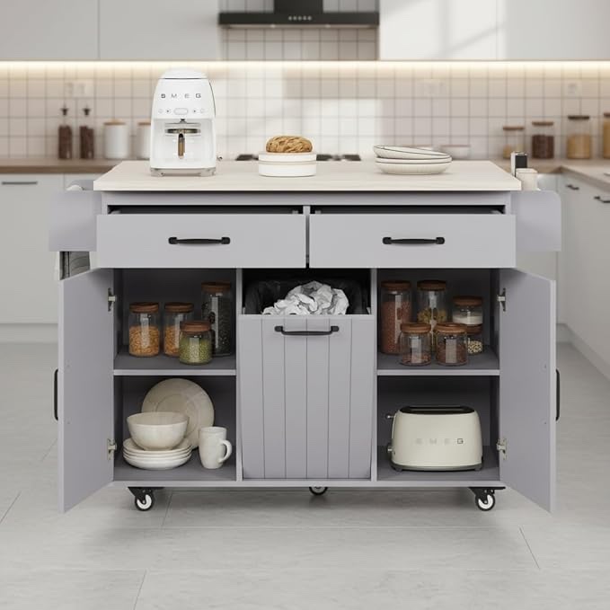 51" Moveable Kitchen Island with Trash Can Storage Cabinet, Kitchen Cart with Drop Leaf, Spice Rack, Towel Rack and Drawer, Rolling Kitchen Island on 5 Wheels with Adjustable Shelf, Grey