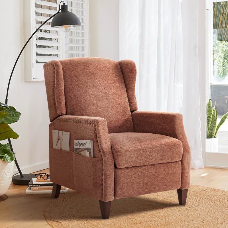 Kars nail head upholstered push back recliner with storage pocket 