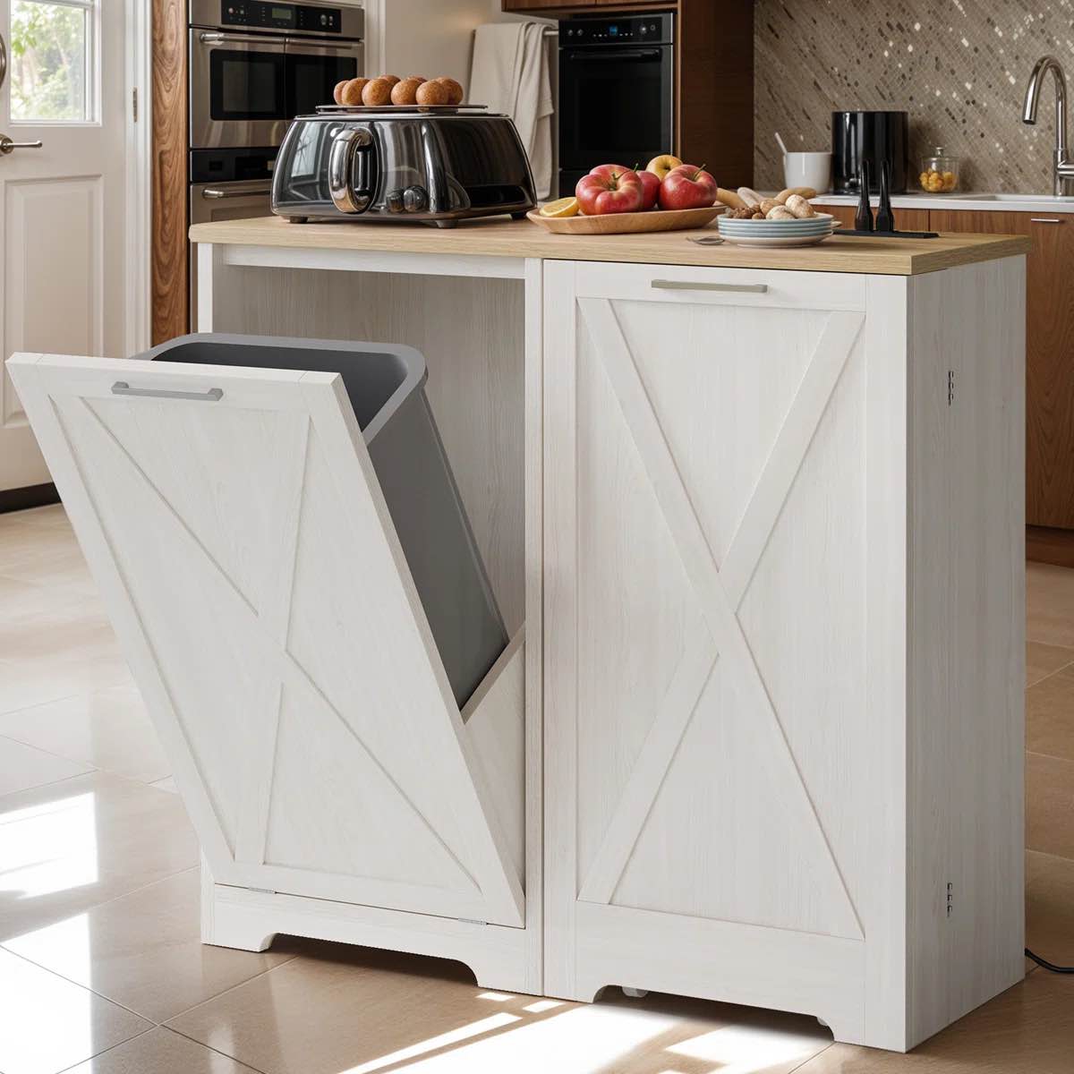 13 gallon tilt out trash recycling can cabinet with charging station 