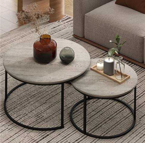 Nesting Tables Set of 2, 31.5" Round Coffee Table, Small Nesting Coffee Table with Adjustable Non-Slip Fee, Wood Grain Top Nesting Tables for Living Room, Bedroom (Wood Grain Grey)