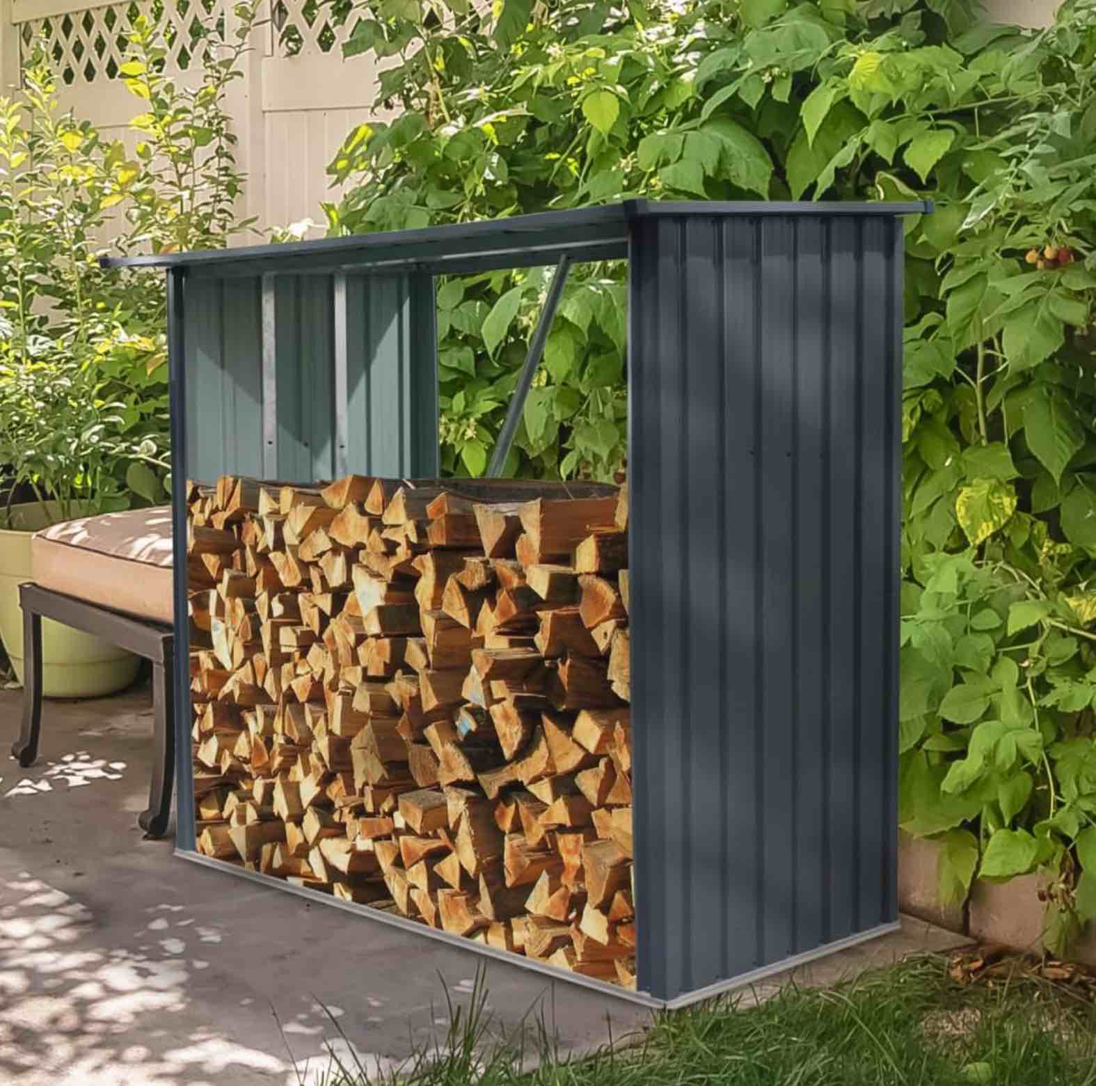 Outdoor black steel firewood rack- open wood shed with sloped