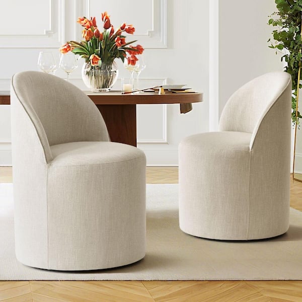rolling smal linen upholstered barrel swivel chair with wheels set
