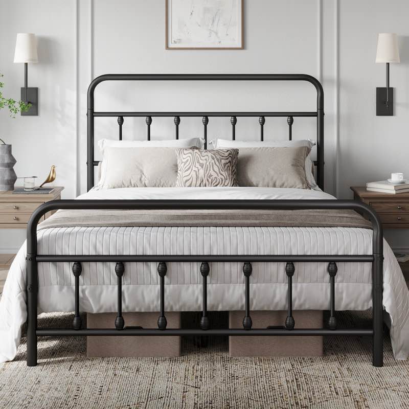Classic iron platform bed with high headboard and footboard