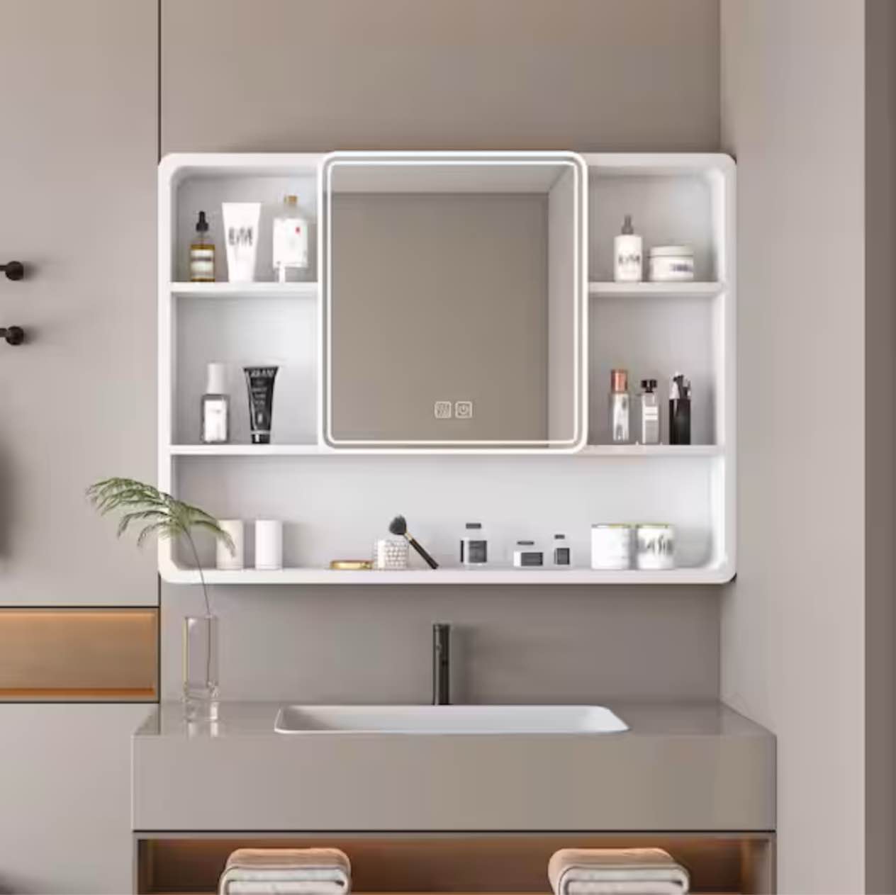 Rectangular LED White Surface Mount Medicine Cabinet with Mirror, with Storage Rack
