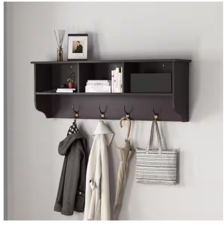 Entryway Wall Mounted Coat Rack with 4 Dual Hooks Living Room Wooden Storage Shelf in Espresso