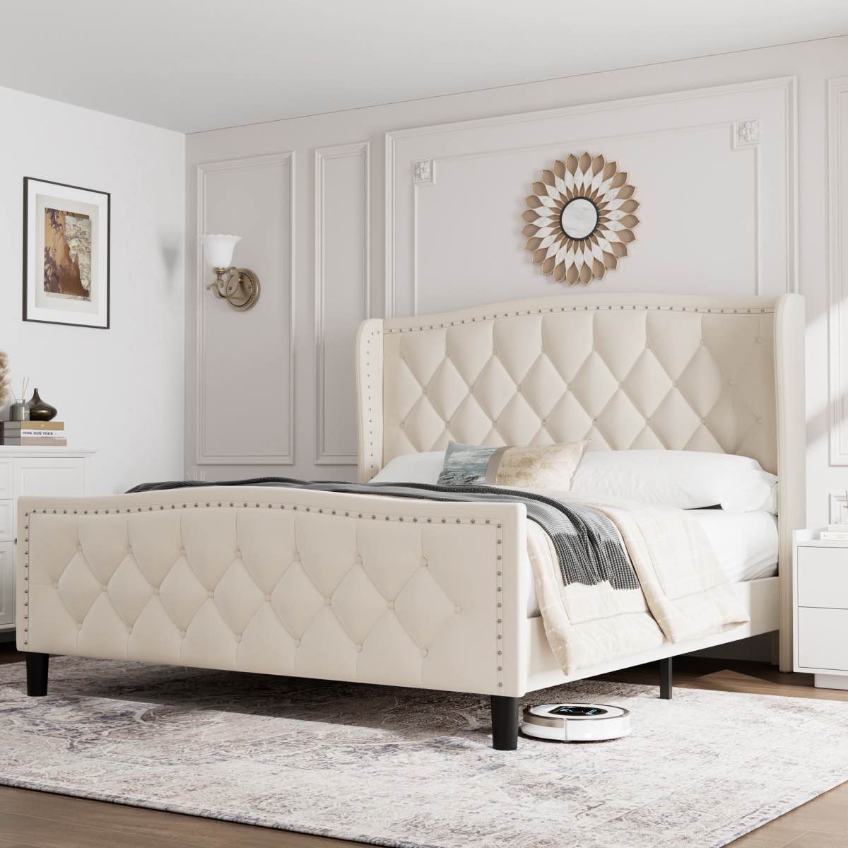 Full Size Bed Frame, Modern Upholstered Platform Bed with Wingback Headboard, Velvet Bed Frame with Wood Slat Support, Easy assembly,