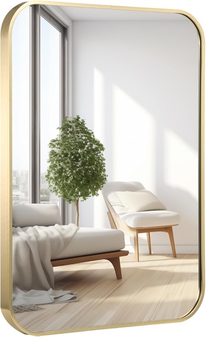 16x24 Inch  Metal Framed Bathrrom Mirror for Wall, Matte Rectabgle Mirror, Rounded Corner, Anti-Rust, Hangs Horizontally or Vertically 24"L x 16"W 