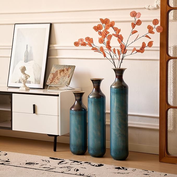 UNITED FLAMES Tall Blue Vases Home Decor Set of 3, Metal Floor Vase for Home Decoration, Entrance Decor, Large Glazed Metal Flower Vase for Livingroom & Bedroom