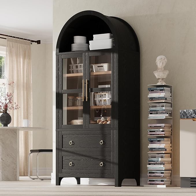71" tall arched kitchen pantry cabinet with 2 doors & 2 large drawers, modern farmhouse versatile kitchen cupboard storage cabinets with adjustable shelves, glass door for kitchens, dining room