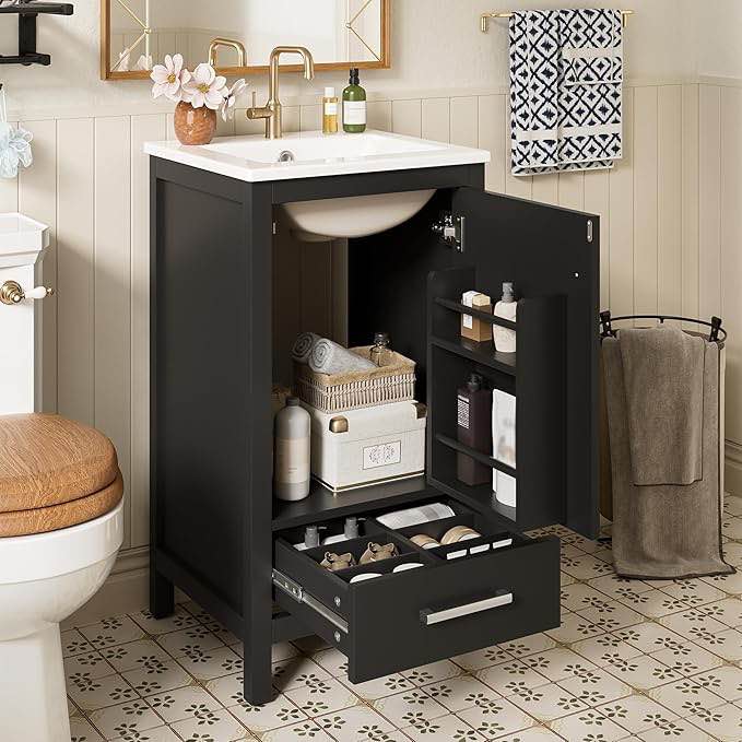 18 inch small bathroom dressing table with ceramic sink, modern single sink vanity with countertop, soft closing door divider, drawer, adjustable pads that save