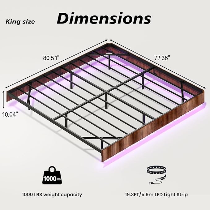 Bellemave King Floating Bed Frame with LED Lights, Walnut Wood Floating Bed Frame King, Wave Curve Wood Texture Bed with Heavy Duty Metal Slats