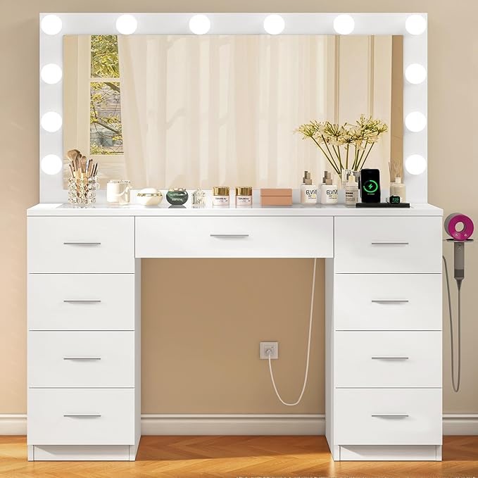(Incomplete, broken glass and missing drawers) Quimoo Vanity Desk with Glass Top & Large Lights Mirror, 3 Adjustable Lighting Color, 46" Makeup Vanity with 9 Drawers and 12 LED Lights, Vanity Table, Dressing Table for Bedroom(White)