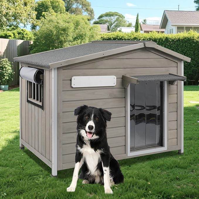40'' L Large Dog House Outdoor Indoor, Wooden Dog Houses with Waterproof Roof, Door Curtain, Anti-Chewing Frame, Elevated Doghouse Shelter Bed Kennel with Window, Openable Roof