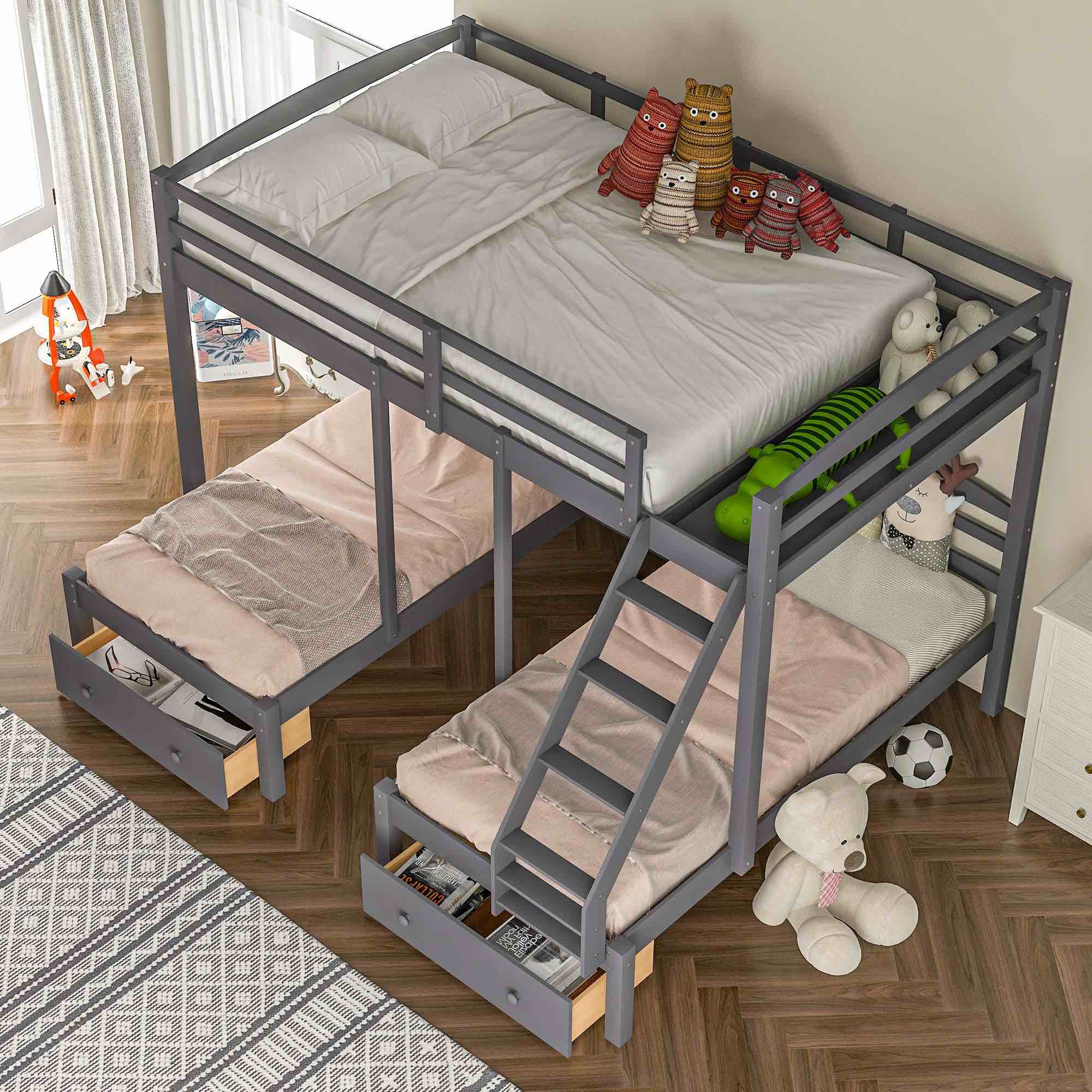 Full Over Twin & Twin Bunk Bed, Triple Bunk Bed w/ Drawers, Gray( 2 box of 3)(missing 1 of 3)