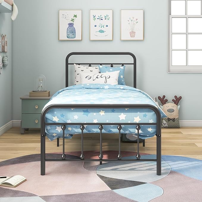 twin metal platform bed frame, with headboard no box spring needed twin black