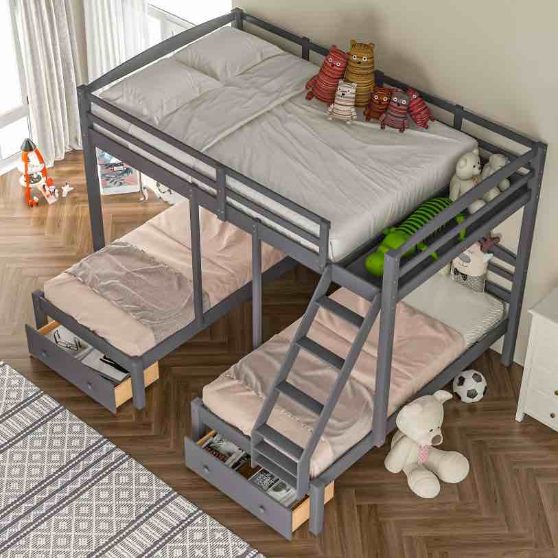 Full Over Twin & Twin Bunk Bed, Triple Bunk Bed w/ Drawers, Gray (incomplete 2 box of 3, missing box 1 of 3). 2 boxes to pick up
