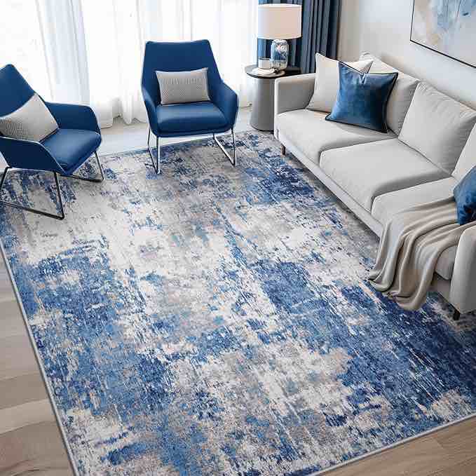 modern abstract machine washable area rug for living room, bedroom, Blue Grey Navy Gray