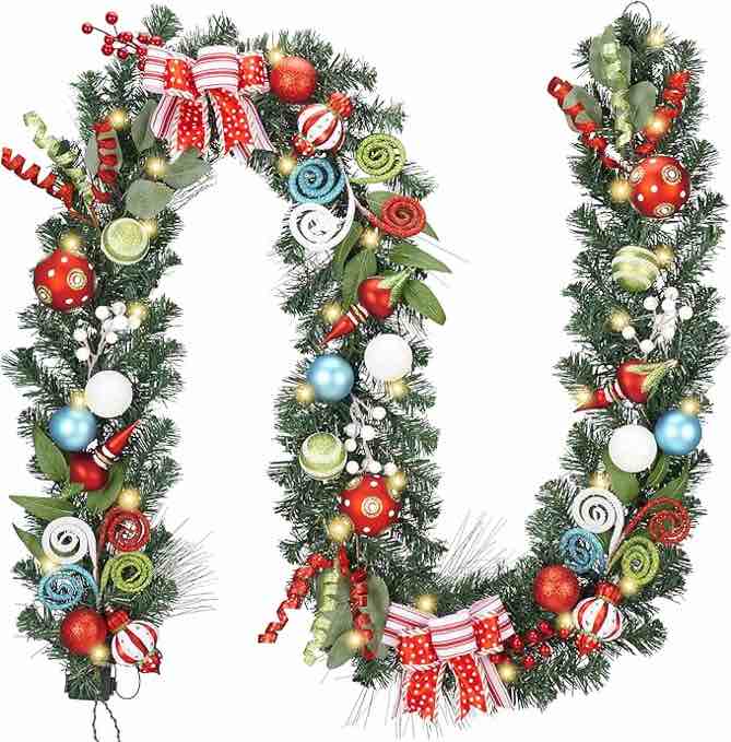 Valery Madelyn 9 Feet Pre-Lit Christmas Garland with Lights for Mantle, Lighted Outdoor Xmas Garland with Multi-Colored Balls & Bows for Home Stairs Fireplace Table Centerpiece Indoor Holiday Decor