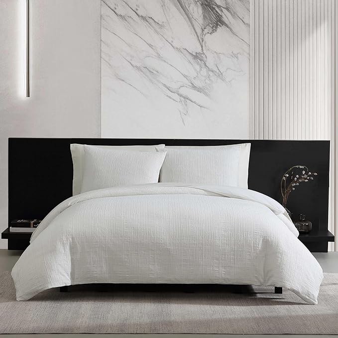 Vera wang puckered texture cotton white comforter set (Bark Texture White, Queen)