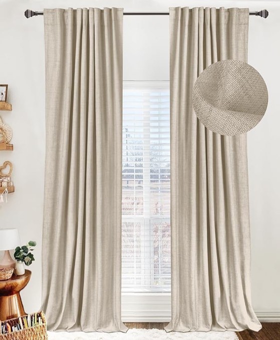 100% Blackout Shield Linen Blackout Curtains for Bedroom 63 Inches Long, Back Tab/Rod Pocket Living Room Drapes, Thermal Insulated Blackout Curtains 2 Panels Set, 50" W x 63" L, Oatmeal