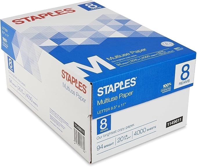 Staples Multiuse Copy Paper, 8 1/2" x 11" Letter Size, Fax Inkjet & Laser Printer Paper, 94 Brightness, White Color, 20 lb. Density (500 Sheets/Ream, 8 Reams/Carton)