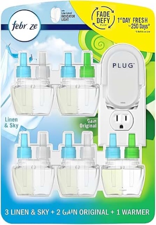 Febreze Plug in Air Fresheners, 3 Linen & Sky & 2 Gain Original Scent, Odor Eliminator for Strong Odors, 1 Warmer + 5 Oil Refills (Packaging May Vary)