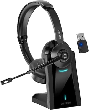 Delton 35X Bluetooth Computer Headset with Noise Cancelling Mic, Fast Charging Dock, Auto Pair USB Dongle for PC, Laptop, MacBook, Compatible with MS Teams, Google Meet, Zoom, Slack, and More - Black