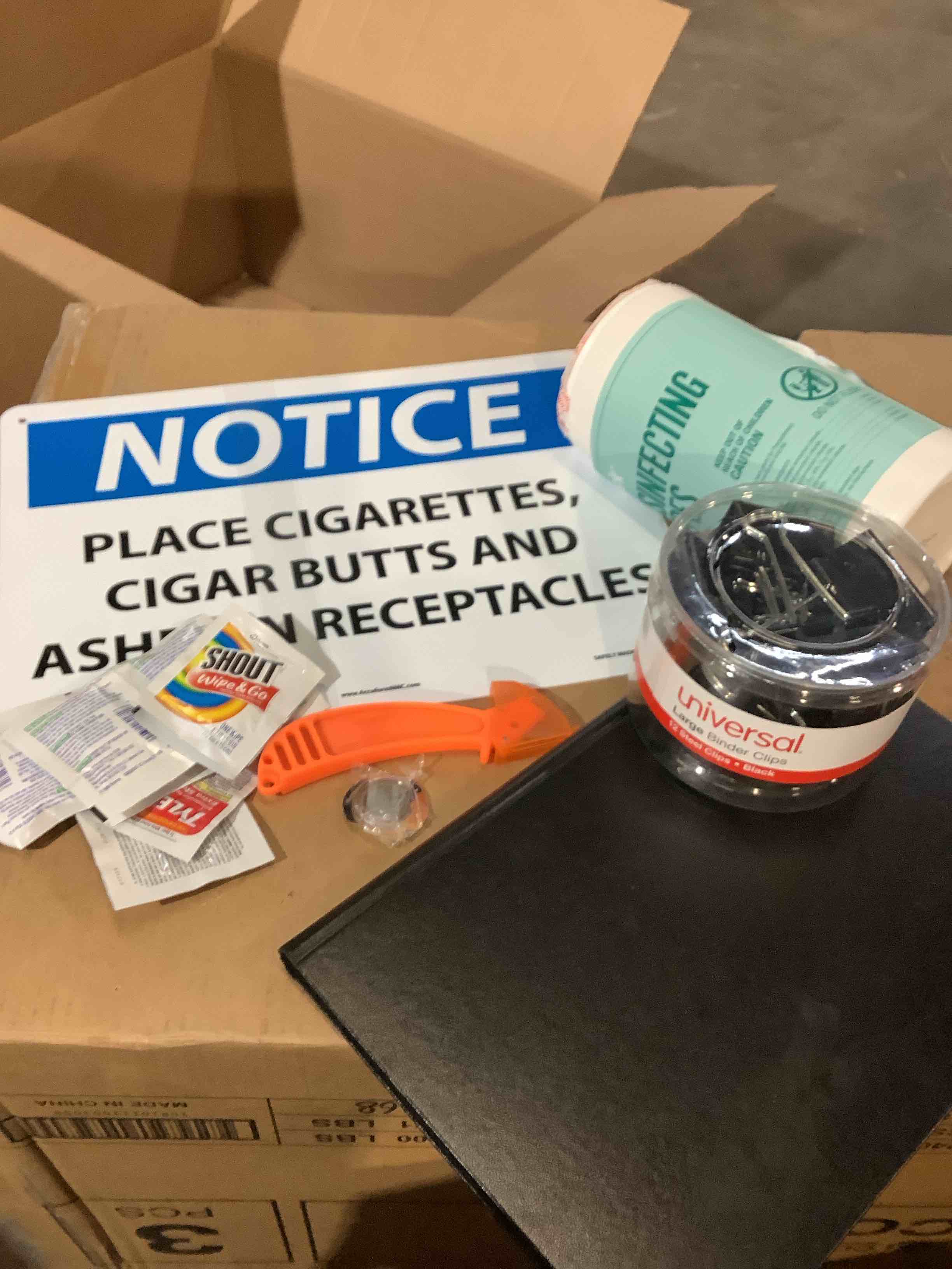 Assorted office and home supplies; disinfecting wipes, add a glance 2026, shower wipes, universal large binder clips, and more