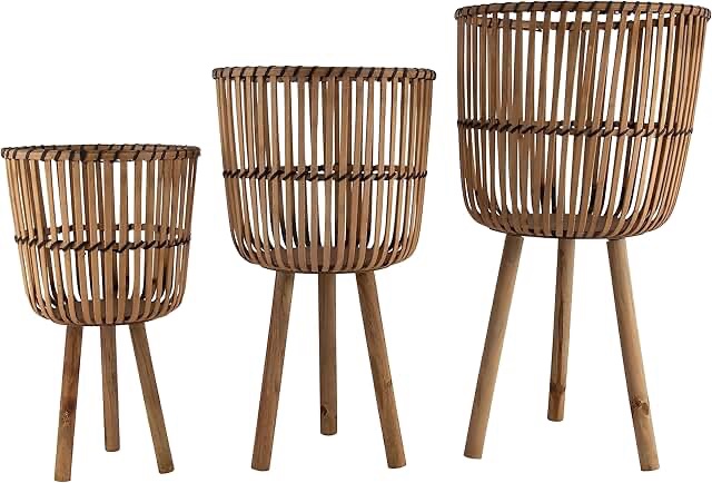 Set of 3 Timeless Woven Decorative Planter Pot – Bamboo Footed Outdoor and Indoor Plant Pot – Modern Boho Garden and Home Decor Planters – 19", 23", and 26", Brown