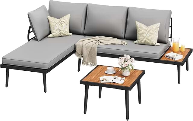 Patio metal outdoor sectional, L-shaped backless sofa 3 piece, gray, incomplete