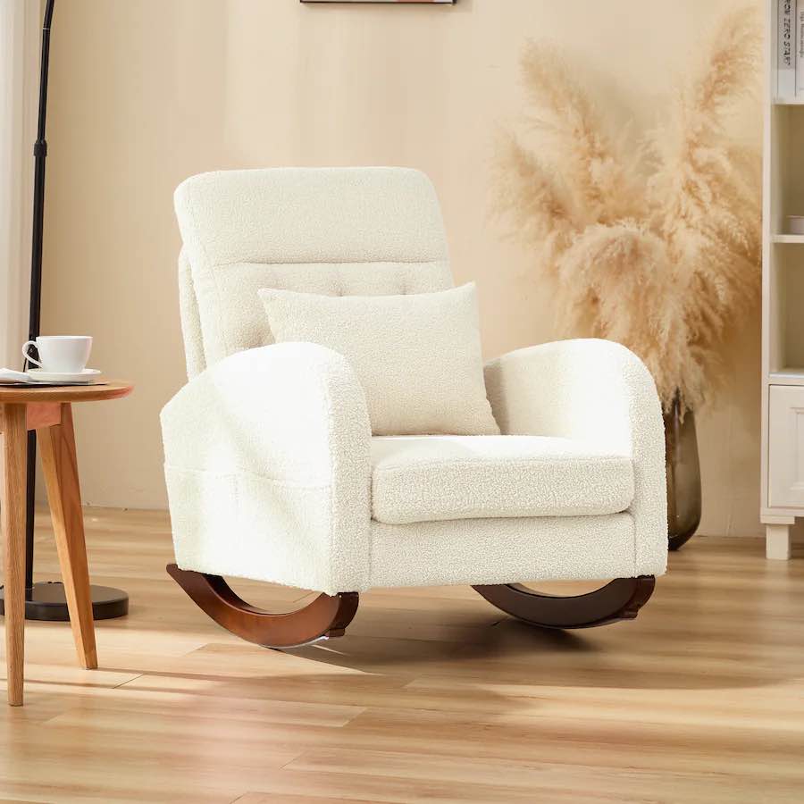 Rocking Chair, Solid Wood Glider with Ottoman, Pillow, and Blanket - Nursery and Living Room Rocker - Beige WJHM144BG 