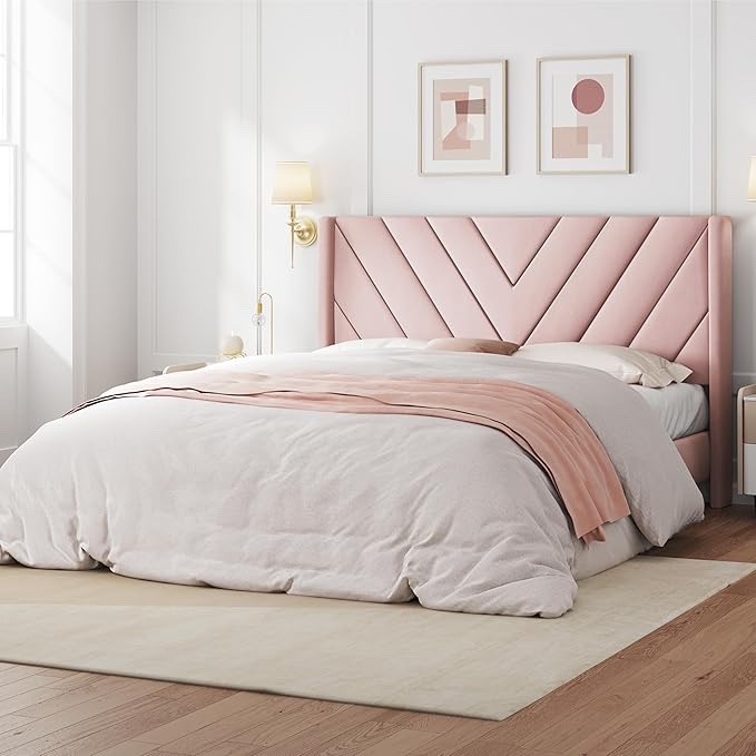 Yaheetech Queen Pink Upholstered Bed Frame With Wing Sides