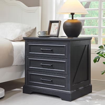 Farmhouse stand with charging station, solid wood end table, black 3 drawers