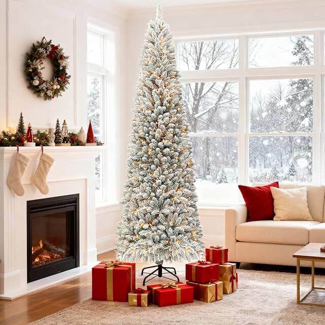 6’ PRE LIT FLOCKED PENCIL CHRISTMAS TREE 