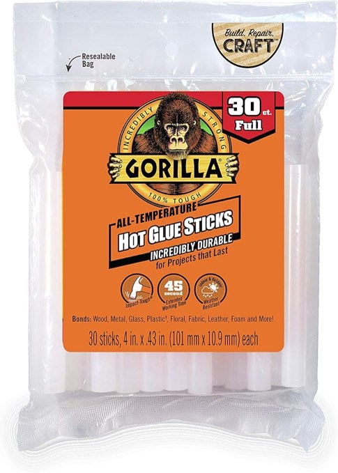 Gorilla 3033002 Hot Glue Sticks, 4 in. Full Size, 30 count, Clear
