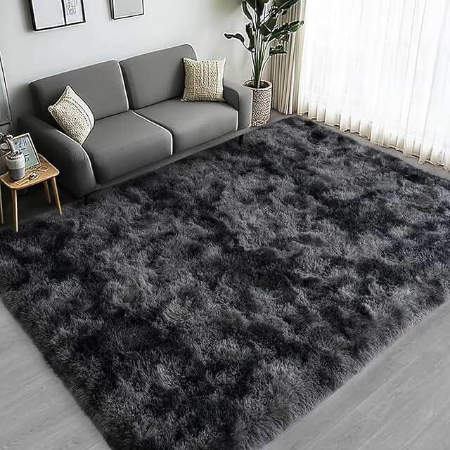 Washable area rug for living room tie-dye dark, gray fluffy shag, 5’ x 7’