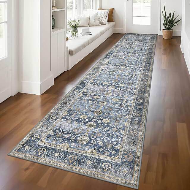 12” wide x 12’ long Washable Runner Rug, soft, blue, and beige colors