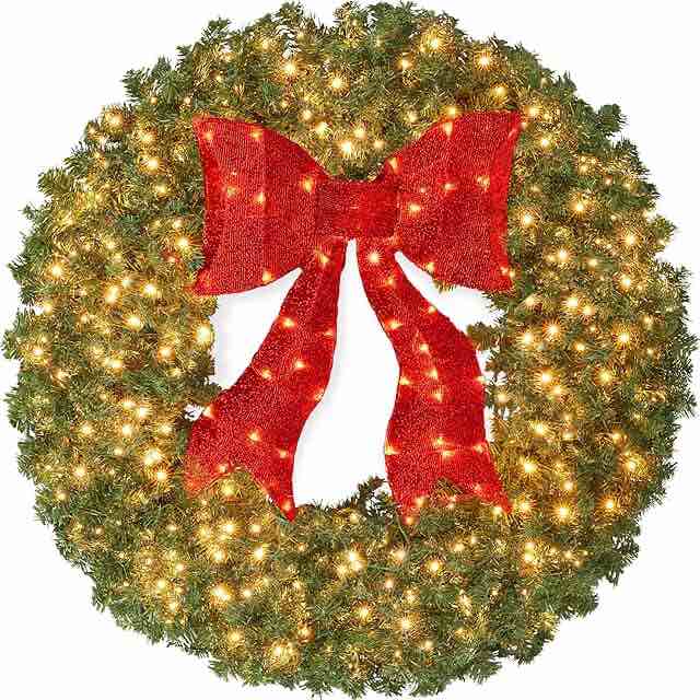 36” Round lift Christmas wreath with bow and LED lights for indoor and outdoor use