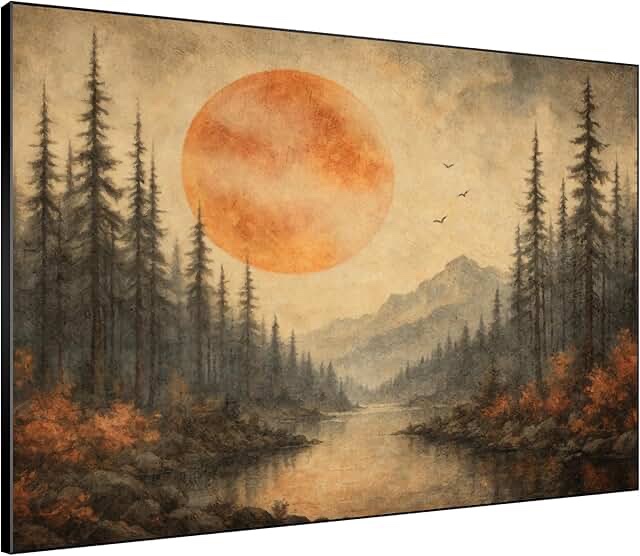 Extra large frame wall art rustic sunset over forest in River Lake clothes frame