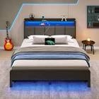 Berta Queen storage upholstered headboard with RGBLED lights and charging station, gray