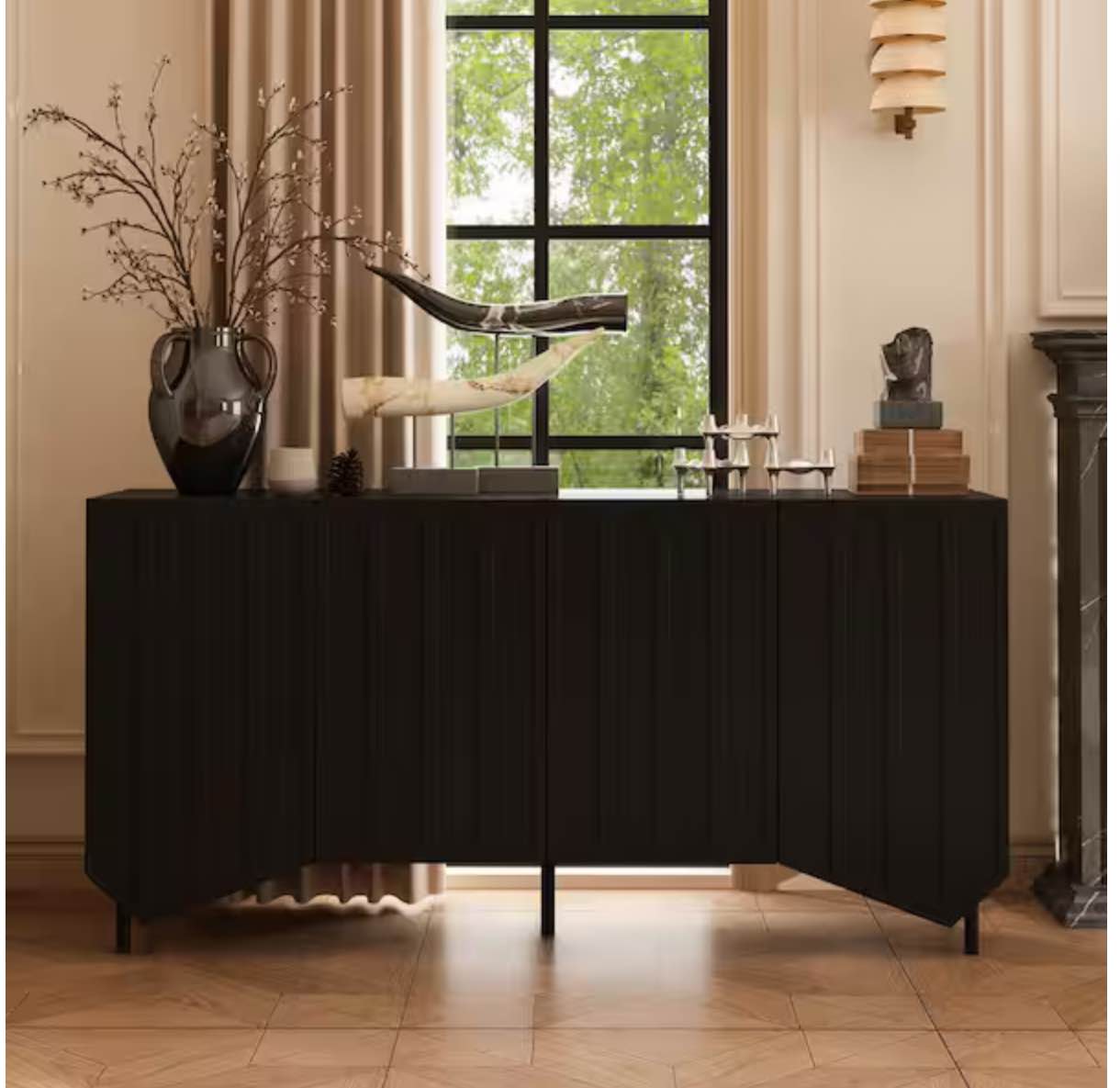 Modern Black 31.5 in. H Wave-Textured Accent Cabinet Storage Cabinet Sideboard with Adjustable Shelves and 4-Doors