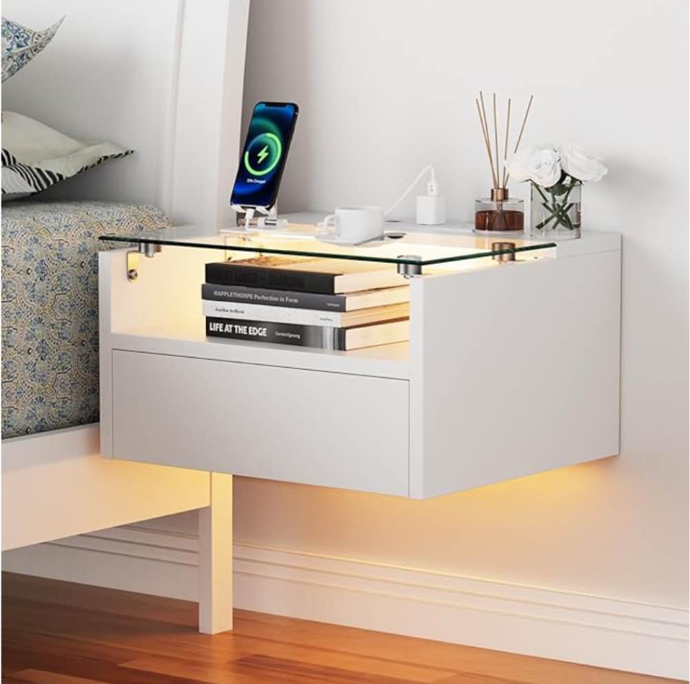 Carlette Floating Nightstands with Charging Station Floating Nightstand Set with Glass