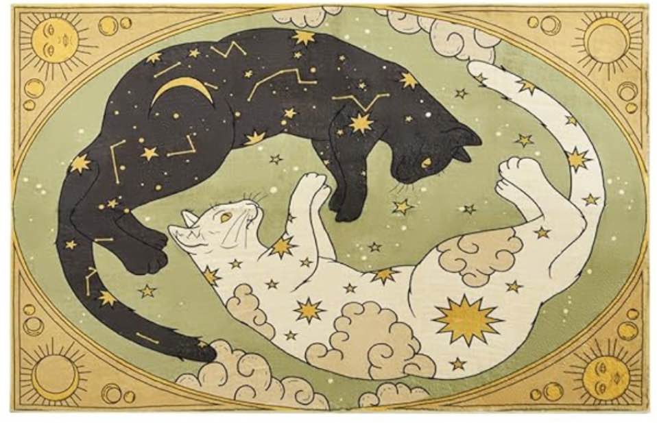 Washable Mystical Cat Rug, Vintage Retro Abstract Celestial Zodiac 4X6 Area Rugs Carpet