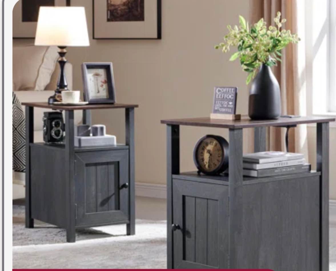 Willkie Farmhouse Nightstand Set , End Table with Charging Station, w/Barn Door & Open Shelves