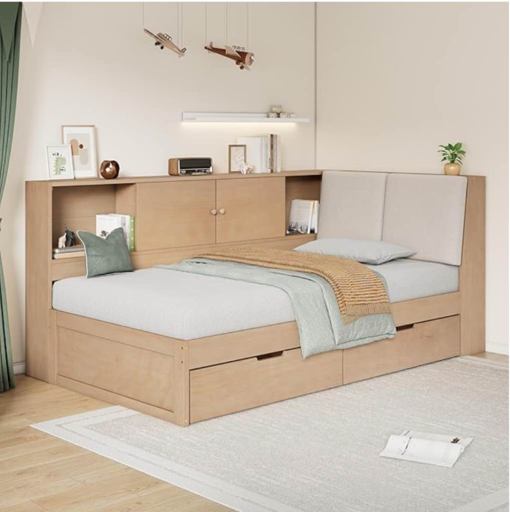 (incomplete box 2 of 2)Solid Pine Wood Daybed , Corner Bed With USB Charging Ports, Storage Bookcase With Under-Bed Drawers And Upholstered Headboard Size: Twin, Color: Natural
